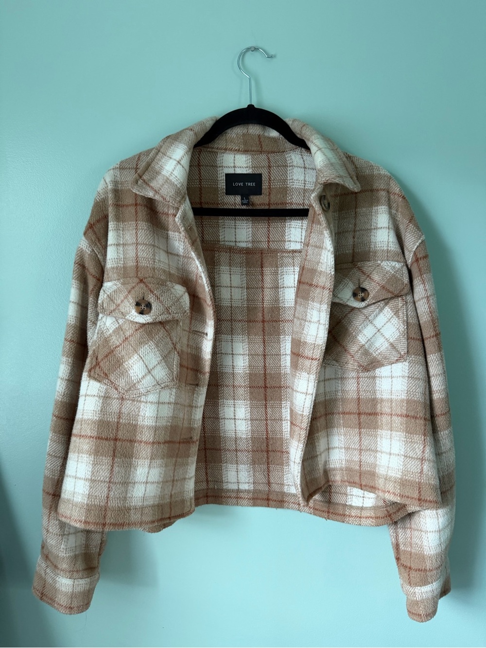 Love Tree Plaid Utility Shacket in Cream and Tan